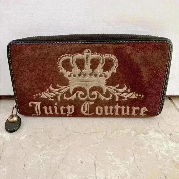 Y2K Juicy Couture Brown Velour Embroider‎ Crown Princess Zip Around Wallet - Picture 1 of 7